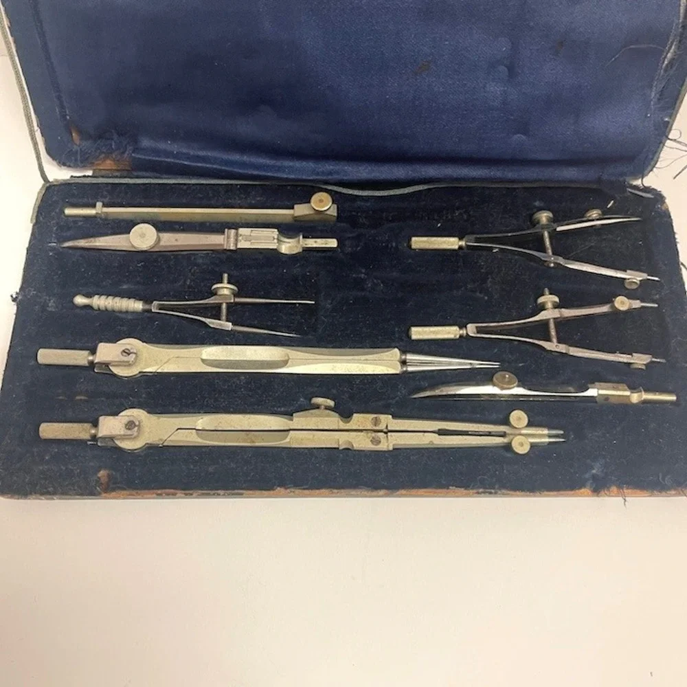 Antique Drafting Tool Set Vintage‎ Compass Divider Ruling Pen Architectural Case